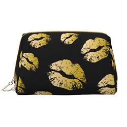 ASEELO Gold Lips Leder Make-up-Tasche, Reise-Kosmetiktasche, Make-up-Tasche, Leder, tragbar, vielseitige Reißverschlusstasche für Frauen, Goldfarbene Lippen, Einheitsgröße von ASEELO