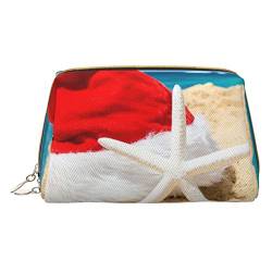 ASEELO Kosmetiktasche mit Weihnachtsmann-Mütze am Strand und Seestern, Reise-Kosmetiktasche für Frauen, leicht zu tragen, Weiß, One Size von ASEELO