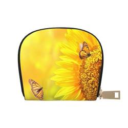 ASEELO Kreditkartenetui Bunte Streifen Leder Shell Kartenhalter Brieftasche für Damen oder Herren mit Reißverschluss, Sonnenblume Schmetterling Sonne, Leather Shell Card Bag von ASEELO