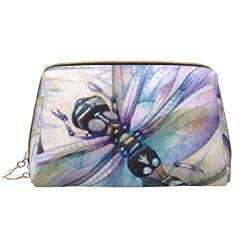 ASEELO Libelle auf Lotusblumen, Leder, Make-up-Tasche, Reise-Kosmetiktasche, Make-up-Tasche, Leder, tragbar, vielseitig, Reißverschluss-Tasche für Damen, Libelle auf Lotusblume, Einheitsgröße von ASEELO