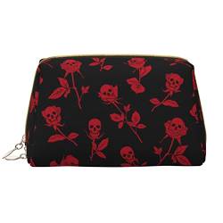 ASEELO Make-up-Tasche, Leder, Totenkopf-Rose, Reise-Kosmetiktasche, Make-up-Tasche, Leder, tragbar, vielseitig einsetzbar, mit Reißverschluss für Damen, Totenkopf Rose, Einheitsgröße von ASEELO