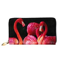 Flamingos in schwarzem Hintergrund, Ledergeldbörse, Damen-Geldbörse, großer Leder-Reißverschluss, Kartenhalter, Organizer, Damen-Reise-Clutch, Flamingos auf schwarzem Hintergrund, Einheitsgröße von ASEELO