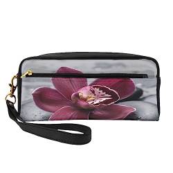 Kleine Make-up-Tasche aus Leder, Orchidee, Kosmetiktasche, Geldbörse, Reise-Make-up-Tasche mit Reißverschluss für Damen, Blume Kieselstein, Makeup Bag von ASEELO