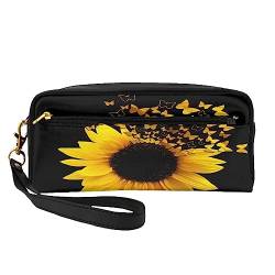 Kleine Make-up-Tasche aus Leder, bunte Ziegelstein-Kosmetiktasche, Geldbörse, Reise-Make-up-Tasche mit Reißverschluss für Frauen, Sonnenblumen-Blumen- und Schmetterlingskunst, Makeup Bag von ASEELO