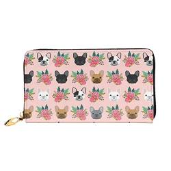 Ledergeldbörse mit Leopardenmuster, Damen-Geldbörse, groß, Leder, Reißverschluss, Kartenhalter, Organizer, Damen-Reise-Clutch, Französische Bulldogge und Blumen, Einheitsgröße von ASEELO