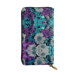 Lila und Blaugrün Blumen Geldbörsen für Herren, Leder, lange Clutch-Geldbörse, Vintage-Geldbörse, Business-Geldbörsen, die Gentlemanly Manners zeigen., Schwarz, Einheitsgröße von ASEELO