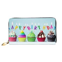 Magic Blue Fox Leder Geldbörse, Frauen Geldbörse Groß Leder Reißverschluss Kartenhalter Organizer Damen Reise Clutch, Bunte Cupcakes mit Aufschrift "Happy Birthday", Einheitsgröße von ASEELO