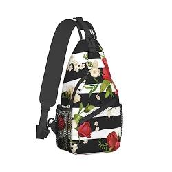 Sling Rucksack Brusttasche Texas Cowboy Anti Diebstahl Crossbody Schulter Pack Daypack Outdoor Sport Reisen Wandern für Männer Frauen, Schwarz Weiß Streifen Rot Rose Blumen, Cross chest bag diagonally von ASEELO