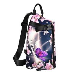 Sling Rucksack Brusttasche Wasserfall Landschaft Anti Diebstahl Crossbody Schulter Pack Daypack Outdoor Sport Reisen Wandern für Männer Frauen, Blumen Schmetterling, Crossbody Backpack von ASEELO