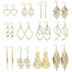 12 Paar Gold Tropfen Ohrringe für Damen Mädchen, Verschiedene Haken Ohrhänger Boho Set, Rund/Prisma/Feder/Kette/Wellendrehung einzeln/doppelt linear hohl/Blume/Herz/Blätter/lange/Fransen Ohrringe von ASH'S CHOICE