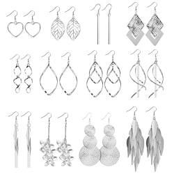 12 Paar Silber Tropfen Ohrringe für Damen Mädchen, Silber Ohrhänger Boho Ohrringe Set, Rund/Prisma/Feder/Kette/Wellendrehung einzeln/doppelt linear hohl/Blume/Herz/Blätter/lange/ Fransen Ohrringe von ASH'S CHOICE