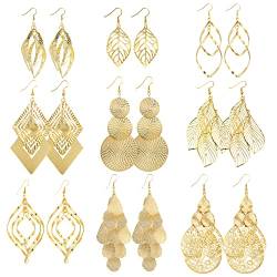 Gold Ohrringe Boho Set, 9 Paar Gold Tropfen Ohrringe für Damen Mädchen, Hypoallergene Modeschmuck Große Ohrringe Lang Blatt Aushöhlen Laub Boho Knorpel Haken Ohrhänger Tropfen Ohrringe von ASH'S CHOICE