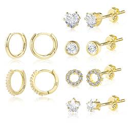 Gold Ohrringe Ohrstecker Set, 2 Paar Creolen Ohrringe mit 4 paar Diamanten Ohrstecker klein, Hypoallergen CZ Knorpel Ohrringe Ohrstecker Set für Damen Männer Frauen Mädchen von ASH'S CHOICE