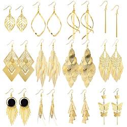 Gold Ohrringe Set, 12 Paar Gold Tropfen Ohrringe Boho für Damen Mädchen, Modeschmuck Große Ohrringe Lang Blatt Aushöhlen Laub Quaste Feder Prisma Boho Ohrhänger Hypoallergene Ohrringe Tropfen Gold von ASH'S CHOICE