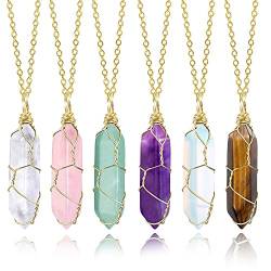 Kristall Kette Set, 6 Stücke Kristalle Heilsteine Kette Sechseckig Edelstein Anhänger Heilkristalle Kette Grün Amethyst Rosenquarz Halsketten Gold für Damen von ASH'S CHOICE