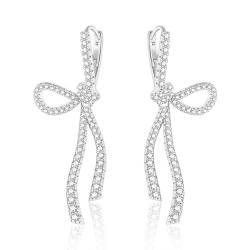 Silber Creolen Ohrringe lange Bogen, ASH'S CHOICE Bow Earrings Silber Ohrringe Schleifen für Damen, Ohrringe Hängende Silber Bogen Groß Tropfen Ohrringe Glitz Creolen mit AAA+ Strass Zirkon Kristall von ASH'S CHOICE