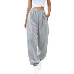 ASHER FASHION Damen Active High Waist Jogger Sweatpants Baggy Lounge Yogahose mit Taschen Sportlich, grau, Klein von ASHER FASHION