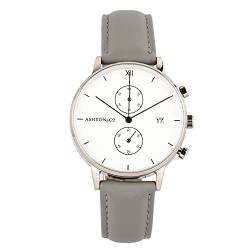 Ashton & Co. Damen-Armbanduhr, Silberfarben, 38 mm, luxuriöses graues Lederband, Palm Beach von ASHTON & Co.