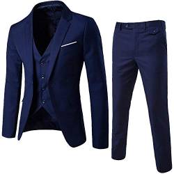 Anzug Herren Anzug 3 Teilig Slim Fit Herrenanzug Hochzeit Anzüge Herren Modern Sakko für Business (Marine, M) von ASHUI