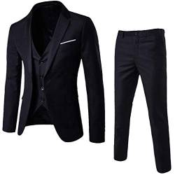 Anzug Herren Anzug 3 Teilig Slim Fit Herrenanzug Hochzeit Anzüge Herren Modern Sakko für Business (Schwarz, L) von ASHUI