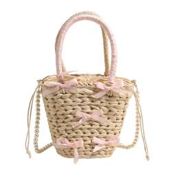 ASIEIT Sommer-Strohtasche mit niedlicher Schleife und Perlenkettenriemen, Strandtasche for Damen (Beige) von ASIEIT