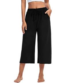 ASIMOON Damen-Capri-Yogahose, weites Bein, Kordelzug, Loungehose, locker, bequem, Workout, Caprihose, Sweathose mit Taschen, Capri-schwarz, XX-Large von ASIMOON