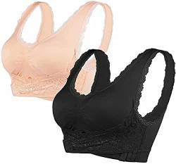 ASKSA Damen 2 Packs Nahtlose Spitzen Yoga Fitness Sport BHS Frauen Lace Bra Kreuz Vorderseite Schnalle Lounge BH Workout 2 Stücke Wohlfühl-BH(Hautfarbe+Schwarz,3XL) von ASKSA