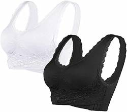 ASKSA Damen 2 Packs Nahtlose Spitzen Yoga Fitness Sport BHS Frauen Lace Bra Kreuz Vorderseite Schnalle Lounge BH Workout 2 Stücke Wohlfühl-BH(Weiß+Schwarz,XL) von ASKSA