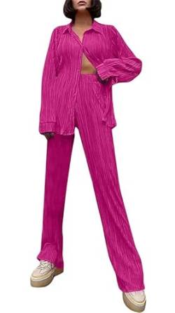 ASKSA Damen 2 Teiler Casual Outfits Sommer Plissee Set Zweiteiler Langarm Hohe Taille Lange Hosen Loungewear (Rot,XL) von ASKSA