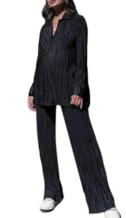 ASKSA Damen 2 Teiler Casual Outfits Sommer Plissee Set Zweiteiler Langarm Hohe Taille Lange Hosen Loungewear (Schwarz,XL) von ASKSA