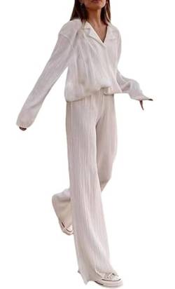 ASKSA Damen 2 Teiler Casual Outfits Sommer Plissee Set Zweiteiler Langarm Hohe Taille Lange Hosen Loungewear (Weiß,M) von ASKSA