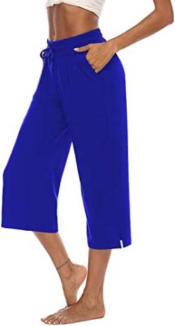 ASKSA Damen 3/4 Hose Caprihose Weites Bein Bequeme Freizeithosen Jogginghose Lose Yoga Sweathose Sommerhose mit Taschen(Blau,L) von ASKSA