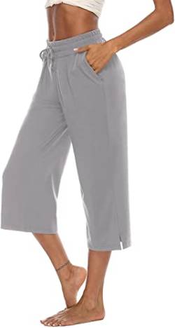 ASKSA Damen 3/4 Hose Caprihose Weites Bein Bequeme Freizeithosen Jogginghose Lose Yoga Sweathose Sommerhose mit Taschen(Grau,M) von ASKSA