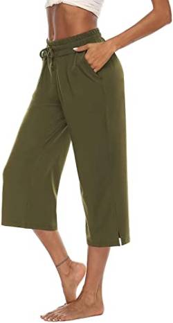 ASKSA Damen 3/4 Hose Caprihose Weites Bein Bequeme Freizeithosen Jogginghose Lose Yoga Sweathose Sommerhose mit Taschen(Grün,L) von ASKSA