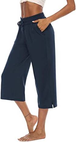 ASKSA Damen 3/4 Hose Caprihose Weites Bein Bequeme Freizeithosen Jogginghose Lose Yoga Sweathose Sommerhose mit Taschen(Navy Blau,S) von ASKSA