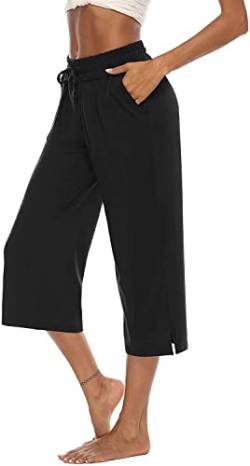 ASKSA Damen 3/4 Hose Caprihose Weites Bein Bequeme Freizeithosen Jogginghose Lose Yoga Sweathose Sommerhose mit Taschen(Schwarz,M) von ASKSA