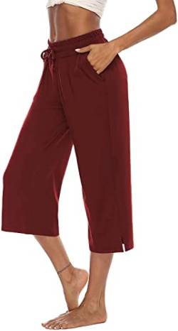 ASKSA Damen 3/4 Hose Caprihose Weites Bein Bequeme Freizeithosen Jogginghose Lose Yoga Sweathose Sommerhose mit Taschen (Weinrot,XXL) von ASKSA