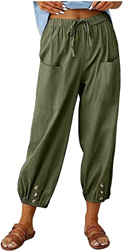 ASKSA Damen 7/8 Länge Hose Weitem Bein Freizeithose Leicht Sommerhose Lose Casual Leinenhose mit Taschen (Armeegrün,M) von ASKSA