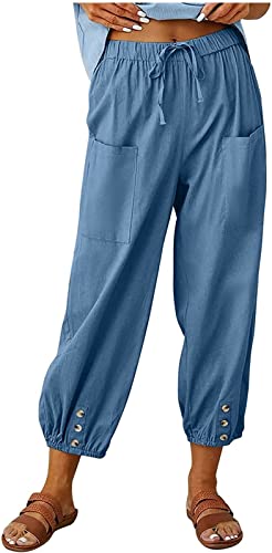 ASKSA Damen 7/8 Länge Hose Weitem Bein Freizeithose Leicht Sommerhose Lose Casual Leinenhose mit Taschen (Blau,4XL) von ASKSA