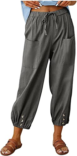 ASKSA Damen 7/8 Länge Hose Weitem Bein Freizeithose Leicht Sommerhose Lose Casual Leinenhose mit Taschen (Dunkelgrau,L) von ASKSA