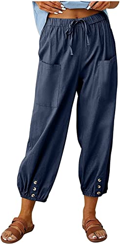 ASKSA Damen 7/8 Länge Hose Weitem Bein Freizeithose Leicht Sommerhose Lose Casual Leinenhose mit Taschen (Navy blau,4XL) von ASKSA