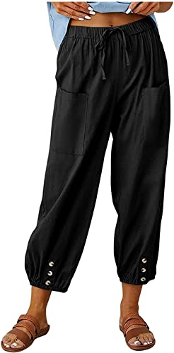 ASKSA Damen 7/8 Länge Hose Weitem Bein Freizeithose Leicht Sommerhose Lose Casual Leinenhose mit Taschen (Schwarz,XL) von ASKSA