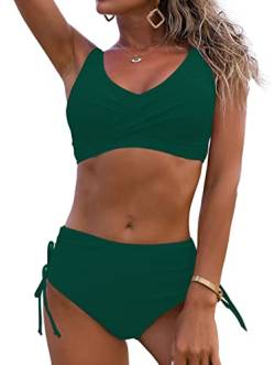 ASKSA Damen Bikini Set Crossover Back Badeanzüge Bademode Kordelzug Side Strandmode Badeanzug (Grün,M) von ASKSA