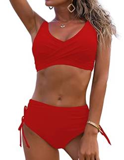 ASKSA Damen Bikini Set Crossover Back Badeanzüge Bademode Kordelzug Side Strandmode Badeanzug (Rot,L) von ASKSA