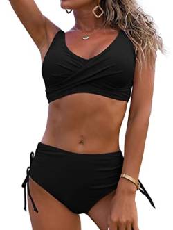 ASKSA Damen Bikini Set Crossover Back Badeanzüge Bademode Kordelzug Side Strandmode Badeanzug (Schwarz,L) von ASKSA