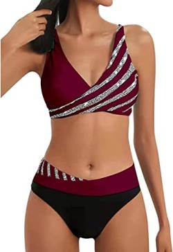 ASKSA Damen Bikini Set Push Up Zweiteiliger Streifen High Waist Badeanzug Bademode (Rot,XL) von ASKSA