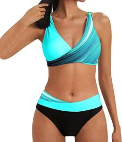 ASKSA Damen Bikini Set Push Up Zweiteiliger Streifen High Waist Badeanzug Sport Bademode (Light Blau,L) von ASKSA
