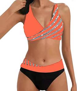 ASKSA Damen Bikini Set Push Up Zweiteiliger Streifen High Waist Badeanzug Sport Bademode (Orange,XXL) von ASKSA