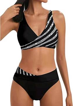 ASKSA Damen Bikini Set Push Up Zweiteiliger Streifen High Waist Badeanzug Sport Bademode (Schwarz,M) von ASKSA