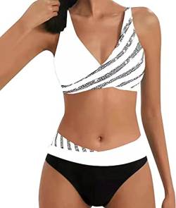 ASKSA Damen Bikini Set Push Up Zweiteiliger Streifen High Waist Badeanzug Sport Bademode (Weiß,L) von ASKSA
